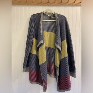 Cabi Long Wrap Cotton Sweater Colorblock Navy Grey Burgundy Yellow Warm Hygge XL